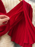 Women Pleated Party Long Dress Sexy V-Neck Short Sleeve High Waist A-Line Maxi Vestidos With Belt Vacation Beach Robe