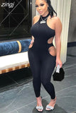 Fashion Hollow Fitness Jumpsuits Women Sleeveless Skinny Elastic Halter One Piece Playsuits Female Workout