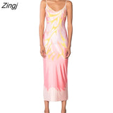 Women's Summer Long Sling Dress Fashion Sleeveless Spaghetti Strap Backless Pattern Print Beachwear