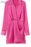 Pink Satin Dress Woman Wrap Short Dresses For Women 2023 Long Sleeve Mini White Dress Lady Fashion Elegant Party