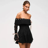 Black Off-Shoulder Lace Sleeve Mini Dress- Outfit