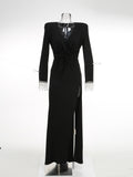 Women's New Sexy Deep V Kinesk Long-Sleeved Dress Dress High Open-Pocket Bag Even