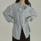Literary And Artistic Girl The Atmosphere Feels The Bow Loose And Thin And Thin With Comfortable And Gentle Striped Shirt Top