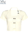 Sweet Cute Crop Top Pullovers Summer Short Sleeve Vintage Streetwear T Shirt Women Skin Button Prepply Korean E-girl
