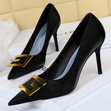 Shoes Red Green Black Woman Pumps Metal Square Buckle Women Heels Sexy Banquet Shoes Pointed Toe Stiletto Plus Size