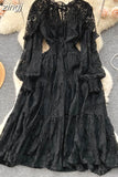 Autumn Women Lace Midi Dress Vintage Round Neck Lantern Long Sleeve High Waist A-Line Elegant Party Robe New Fashion