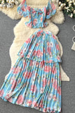 Women Floral Chiffon Two Piece Set Sexy Square Collar Short Puff Sleeve Tops + Ruffle Pleated Midi Skirt Beach 2Pcs