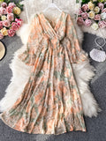 Autumn Women Floral Long Dress Vintage V-Neck Flare Sleeve Backless High Waist A-Line Big Swing Maxi Vestidos New