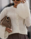 Retro Plush Horn Sleeve Sleeve Sleeve Shirt Single Buckle Embellishing White Brown Autumn And Winter Vintage Style
