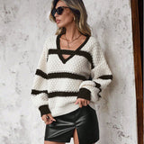 And Winter New Sweater Woman Loose Knitting Colliding Color V Collar Lantern