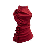 Design Sleeveless Leaves Three-Dimensional Flower Blouse Atmosphere Slimming Waist
