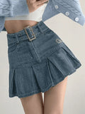 Buckle Belt Pleated Denim Mini Skirt- Outfit