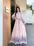 And Autumn New Women's Collar Bubble Sleeve Lantern Long-Sleeved Lantern With Belt Positioning Print Single Buckle