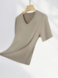 Zingj Grade Simple Classic High Gram Heavy Threaded Shoulder T-Shirt White V-Neck Short Sleeved Jacket Temperament Inside