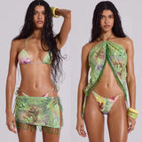 Spring And Summer Three-Dimensional Flower Beads With Hanging Neck Slings Two-Dress Bikini Skirt Set