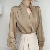 Tea Apricot Temperament V-Neck High-End Sant Satin Chic Shirt Female Design Sense Niche OL Hanging Hong Kong Taste