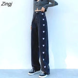 Embroidery Vintage Jeans Women High Waist Wide Leg Denim Pants Blue Streetwear Harajuku Baggy Gothic Black Trousers