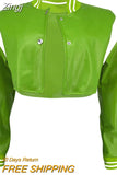 Women's Autumn Winter Short Baseball Coat Long Sleeve Button Contrast Color PU Leather Jacket Coats Y2K