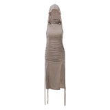 Zingj Summer New Women's Turtleneck Hood Fold Pull Rope Closed Waist Sexy Hollow Out Slit