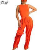 Sleeve Bodysuit and Pants Fringe Tassel Trousers Two Piece Set Tracksuit Fall Women Clothing Sexy Skinny
