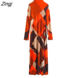 New Women High Street Color Matching Geometric Print Long Dress Female Stand Collar Ruffles Casual Party Vestidos