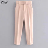 Women fashion solid color sashes casual slim pants chic business Trousers female fake zipper pantalones mujer retro pants