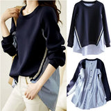 Women's Clothing Japan Hanchun Autumn New Long-Sleeved Top Air Cotton Collar Striped Splicing Shirt