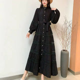 Gentle Style Dress Spring New Female Design Hollow Lace Splicing Bubble Sleeve Holiday