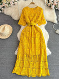 Women Vintage Purple/Red/White Hollow Lace Party Maxi Dress Female Elegant Round Neck Short Sleeve Slim Robe New