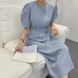 Summer Women Simple Casual Solid Midi Dress Female Short Sleeve A-line Fashion Holiday