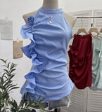 Spicy Design Sleeveless Leaves Three-Dimensional Flower Blouse Atmosphere Slimming Waist
