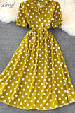 Women Polka Dot Midi Dress Vintage V-Neck Single Breasted Short Sleeve A-Line Vestidos Female Elegant New Fashion
