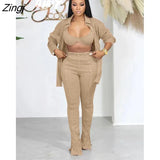 Women Tracksuirt 3 Piece Set Sweater Shirt +Long Pants Knit Ribbed Streetwear Matching Set Clothes For Women