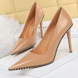 Shoes White Women Pumps Patent Leather Shoes High Heels Stiletto Luxury Party Shoes Metal Chain Rivets Heels Pumps