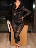 See Through Hollow Tracksuit Two Piece Set Women Full Sleeve O-Neck Tops Skinny Stretch Leegings Lady Party