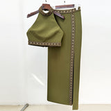 And Summer 2025 New Heavy Industry Nails Studded Neck Vest Top Open Fork Long Skirt Set Two
