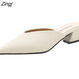 Summer Fashion Women Pointed Toe Slipper Nude White Square Low Heels Outsides Ladies Slides Luxury Brand Beach Mules