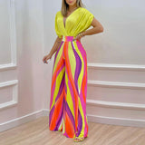 Women's Autumn New Temperament V-Neck Print Wide Leg Pants Fashion Casual Set
