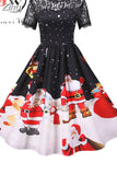 Women's Christmas Dress Short Sleeve Lace Santa Claus Print High Waist Elegant Vintage Winter Xmas Party