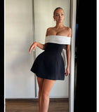 Spring And Summer Shoulder Black And White Bump Color Waist A Pendulum Design Bow Dress