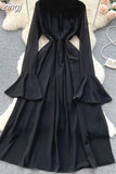 Vintage Purple/Green/Orange Long Dress Women Elegant Stand Collar Flare Sleeve High Waist A-Line Slim Tie Flower