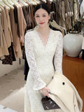 Xixi 13 Line 2025 Autumn White Standard Temperament Lace Knitted Dress Showing Thin High Waist Long Dress