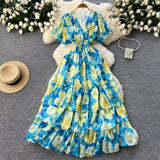 Vintage Gentle Windy Fragmented Flower Dress Summer New High Waist Thin Spinning