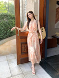 Xixi 2025 Summer New Korean Version Of High-Waisted Holiday With Dress V-Neck Print Pure Desire Skirt