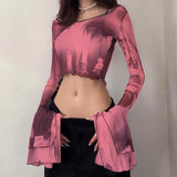 Zingj Slim Mesh Print Sleeve Horn Long Sleeve Perspective Crop Fashion Women's