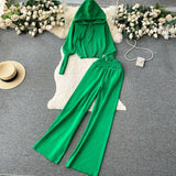 And Winter Solid Knitted Hooded Hooded Jersey Blouse High Waist-Hanging Feeling Trousers Casual Two Sets Of