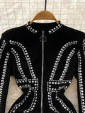 Women Black Beading Zipper Bodycon Dress Elegant Stand Collar Long Sleeve High Waist Sheath Mini Vestidos Female New