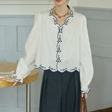 Summer Design Feeling Slammed Collar Bottom Shirt Loose Breathable Letter Embroidered Short-Sleeved Women's