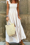 Strap Dress Women Summer Plaid Boho Long Dress Ldies Elegant Square Collar Maxi Beach A-line Sleeveless Dress