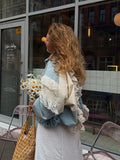 Spliced Denim Jacket Zipper French Hollow Cake Bubble Sleeve Long Sleeve Autumn And Winter